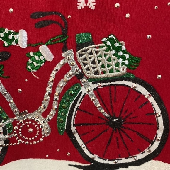 Karen Scott red Christmas long sleeve shirt with whimsical blingy bicycle. 1X - Picture 5 of 8